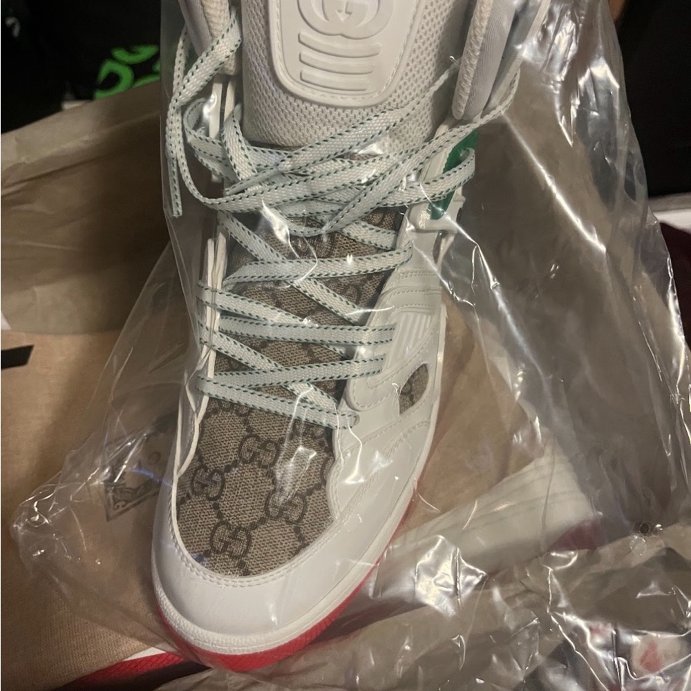 Gucci White and Gray High-Top Sneakers with Monogram Design